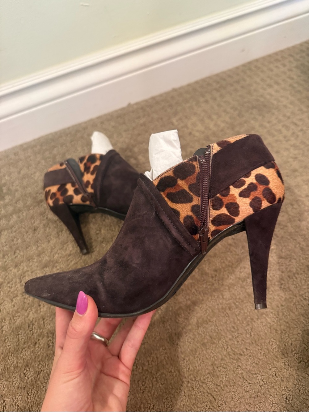 ANTONIO MELANI leopard print and brown suede heeled booties